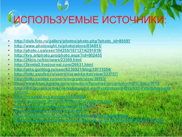 ИСПОЛЬЗУЕМЫЕ ИСТОЧНИКИ:http://club.foto.ru/gallery/photos/photo.php?photo_id=85597http://www.photosight.ru/photo/alone/834851/http://photo.i.ua/user/104255/167127/4291819/http://kvs.artphoto.pro/photo.aspx?id=602455http://24bio.ru/bio/news/23309.htmlhttp://2sveta2.livejournal.com/26631.htmlhttp://pets.gorblog.ru/user/6230921/blog/19711054/http://fotki.yandex.ru/users/nurashka-km/view/333757/http://fotki.yandex.ru/users/evgryab/view/39153/http://www.kspu.karelia.ru/ru/structure/faculties/geography/Agro_base/9115http:///kartinki/okruzhajuschij-mir/Pereljotnye-ptitsy/035-Pereljotnye-ptitsy.htmlhttp://troyan95.org.ua/post186598086http://mototravel.info/mototravel.inforusich/17.htmhttp://www.photosight.ru/photos/1310585/http://golapristan.com/2010/03/page/1/http://www.knowbiology.ru/pozvonochnie/zaycy-page2.htmlhttp://селигер-инфо.рф/index.php/2011-04-04-08-29-21/66-2011-04-07-13-12-31