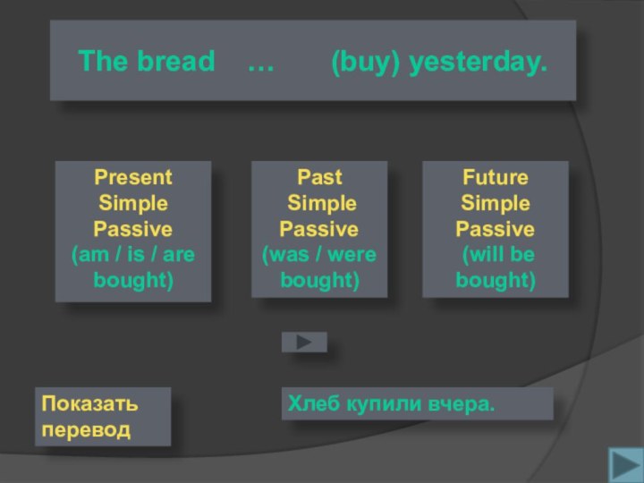 Past Simple Passive (was / were bought)Future Simple Passive (will be
