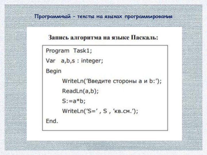 Программный – тексты на языках программирования