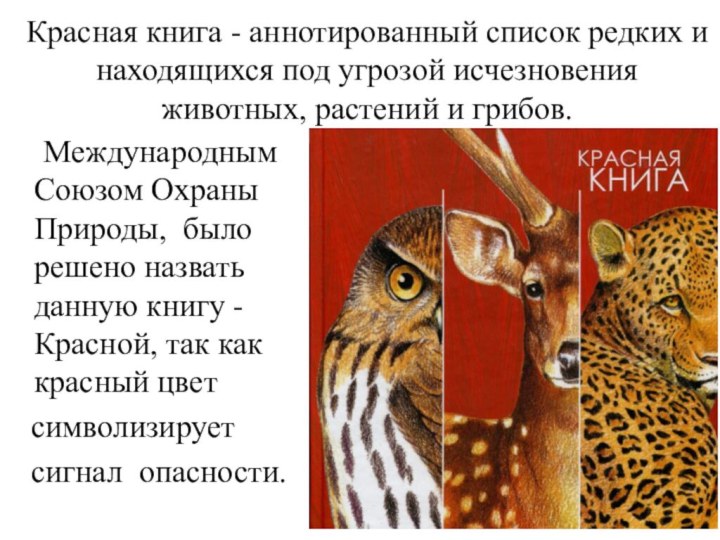 Международным Союзом Охраны Природы, было решено назвать данную книгу - Красной, так как красный