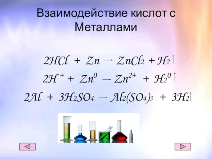 Взаимодействие кислот с Металлами2HCl + Zn   ZnCl2 + H2 2H