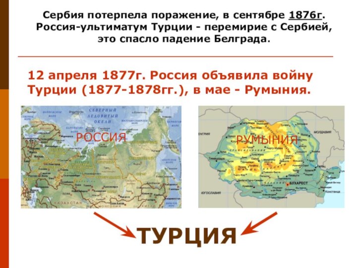 Сербия потерпела поражение, в сентябре 1876г. Россия-ультиматум Турции - перемирие с Сербией,