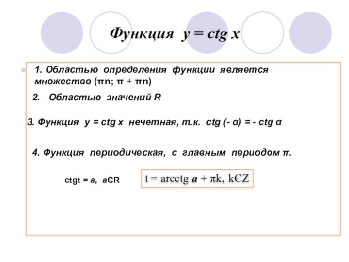 Функция у = ctg x1. Областью определения функции является множество (πn; π + πn)2.