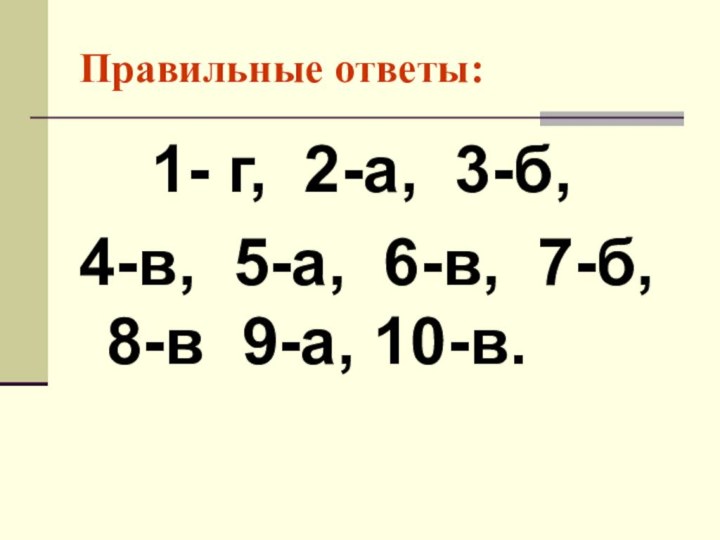 Правильные ответы:		1- г, 2-а, 3-б, 4-в, 5-а, 6-в, 7-б, 8-в 9-а, 10-в.