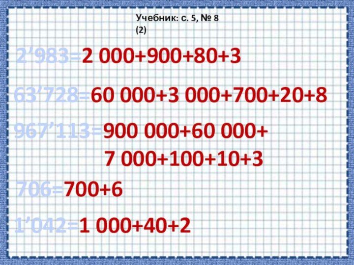 2’983=2 000+900+80+3Учебник: с. 5, № 8 (2)63’728=60 000+3 000+700+20+8967’113=900 000+60 000+