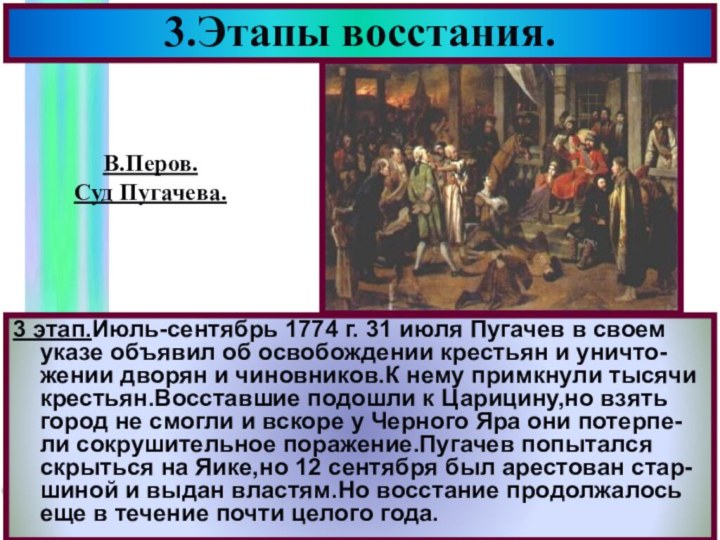 3 этап.Июль-сентябрь 1774 г. 31 июля Пугачев в своем указе объявил об