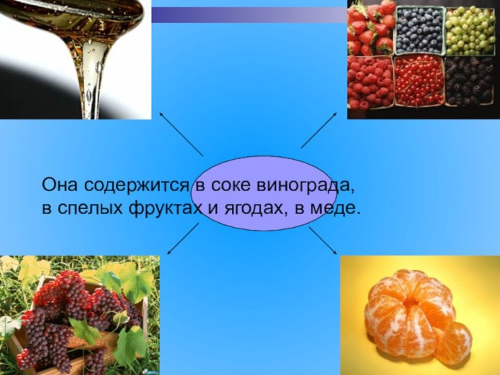 Она содержится в соке винограда, в спелых фруктах и ягодах, в меде.
