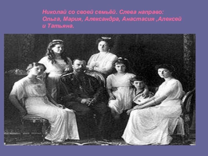 Николай со своей семьёй. Слева направо: Ольга, Мария, Александра, Анастасия ,Алексей и Татьяна.