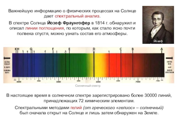 Важнейшую информацию о физических процессах на Солнце дает спектральный анализ.В спектре Солнца Йозеф Фраунгофер