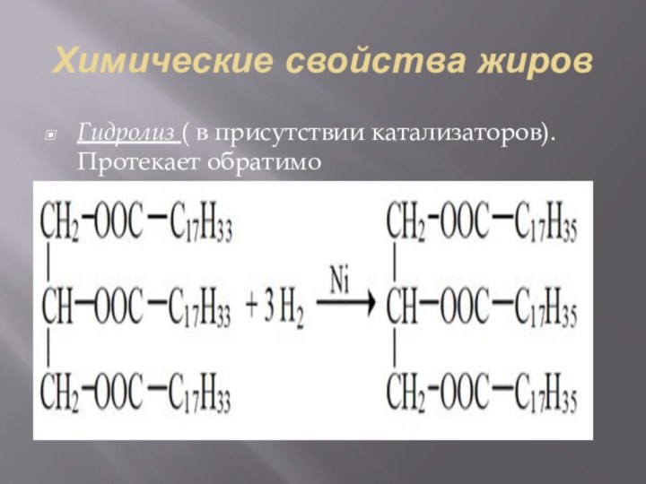 Химические свойства жировГидролиз ( в присутствии катализаторов).Протекает обратимо
