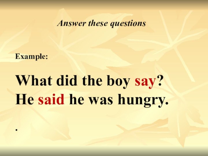 Answer these questions Example:What did the boy say?He said he was hungry..