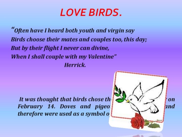 Love Birds.“Often have I heard both youth and virgin sayBirds choose their mates and