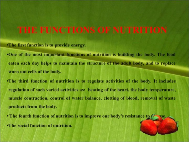 THE FUNCTIONS OF NUTRITIONThe first function is to provide energy. Оne of