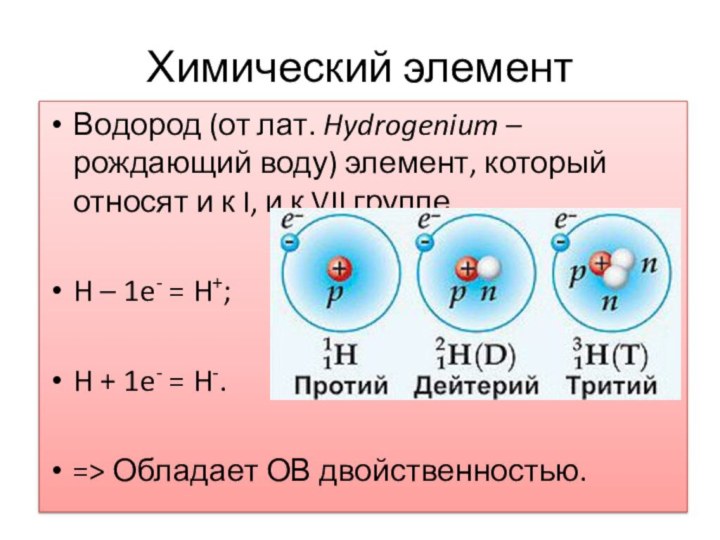 Химический элементВодород (от лат. Hydrogenium – рождающий воду) элемент, который относят