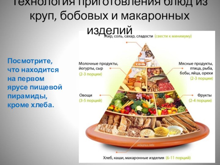Посмотрите, что находится на первом ярусе пищевой пирамиды, кроме хлеба.Технология приготовления блюд