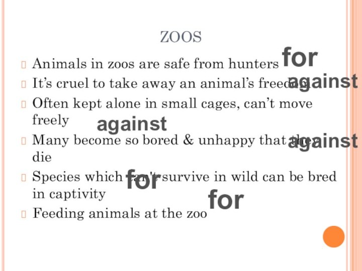 ZOOSAnimals in zoos are safe from huntersIt’s cruel to take away an