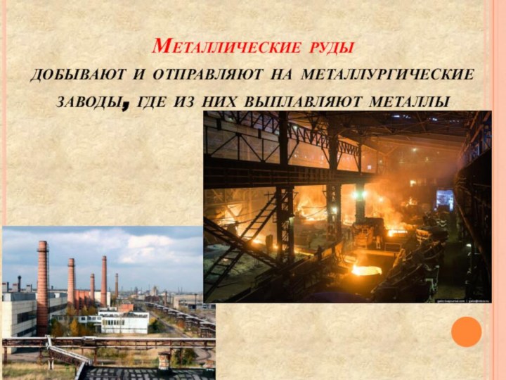 Металлические руды  добывают и отправляют на металлургические заводы, где из них выплавляют металлы