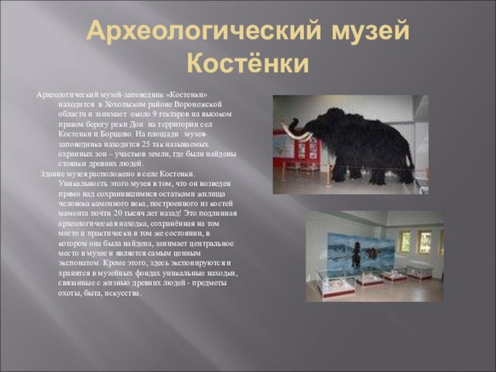 Археологический музей КостёнкиАрхеологический музей-заповедник «Костенки» находится в Хохольском районе Воронежской области и