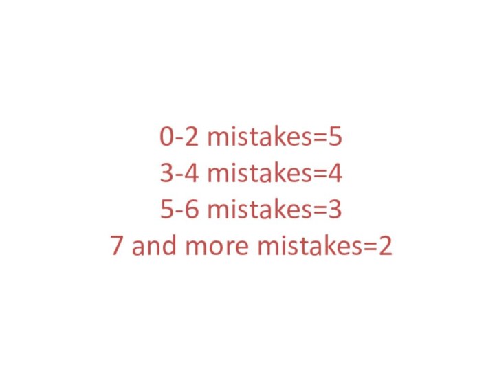 0-2 mistakes=5 3-4 mistakes=4 5-6 mistakes=3 7 and more mistakes=2