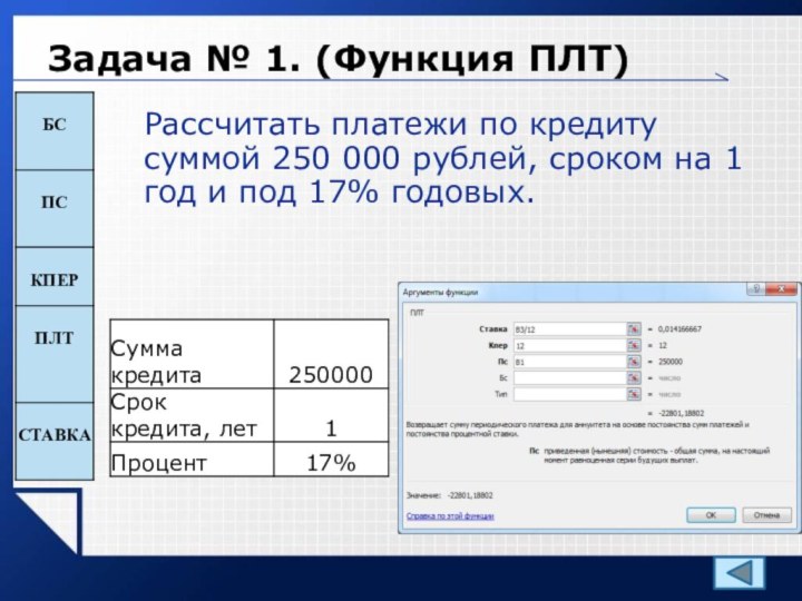 Задача № 1. (Функция ПЛТ)Рассчитать платежи по кредиту суммой 250 000 рублей, сроком