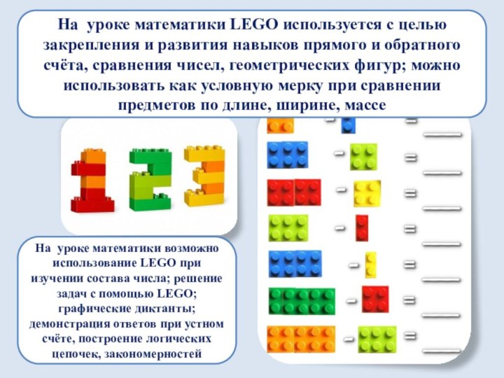 На уроке математики LEGO используется с целью закрепления и развития навыков прямого