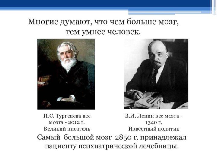 И.С. Тургенева вес мозга - 2012 г.Великий писательВ.И. Ленин вес мозга -