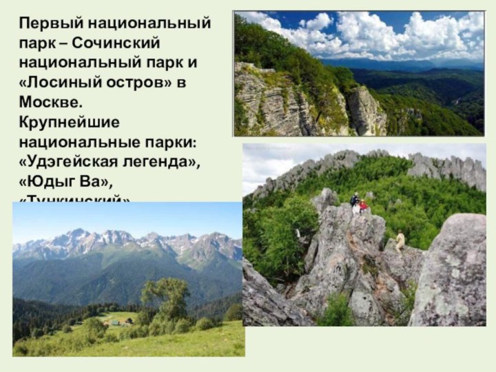Первый национальный парк – Сочинский национальный парк и «Лосиный остров» в Москве.Крупнейшие