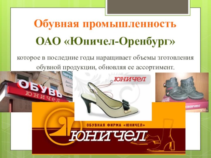 Обувная промышленностьОАО «Юничел-Оренбург»которое в последние годы наращивает объемы зготовления обувной продукции, обновляя ее ассортимент.