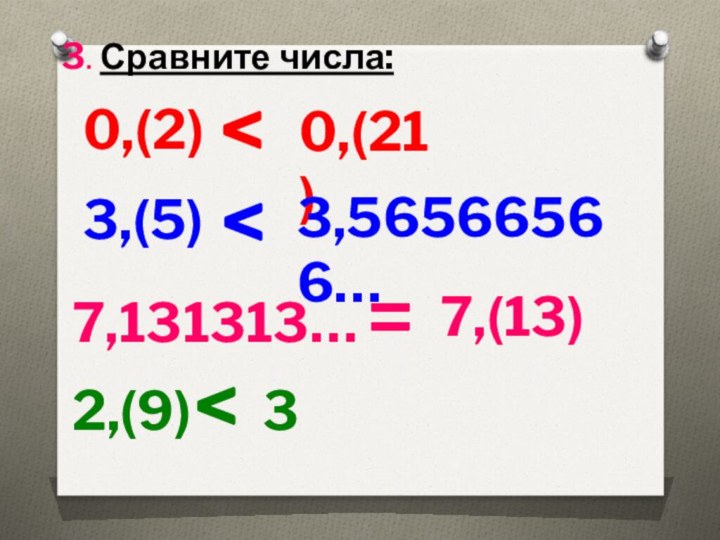 3. Сравните числа:0,(2)0,(21)3,(5)3,56566566…7,131313…7,(13)2,(9) 3