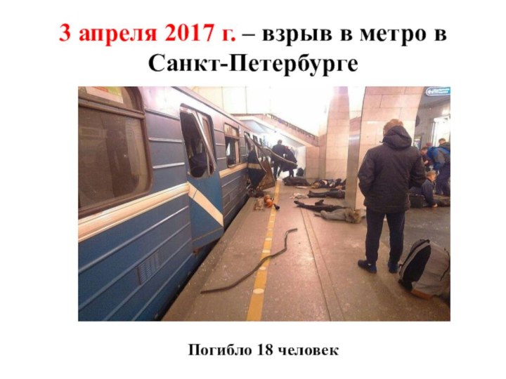 3 апреля 2017 г. – взрыв в метро в Санкт-Петербурге Погибло 18 человек