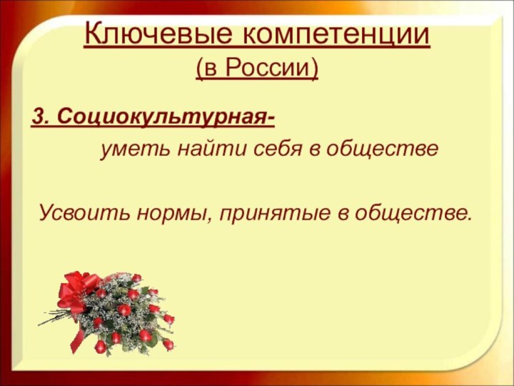 Ключевые компетенции (в России)3. Социокультурная-      уметь найти