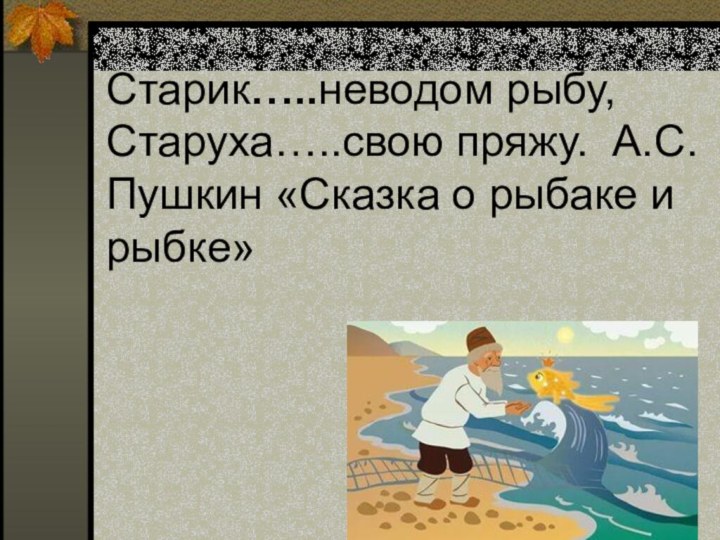 Старик…..неводом рыбу, Старуха…..свою пряжу. А.С. Пушкин «Сказка о рыбаке и рыбке»