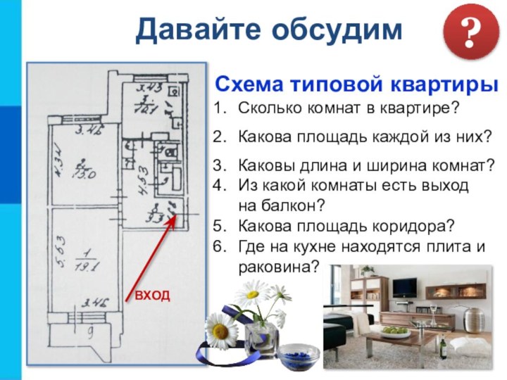 Схема типовой квартирыВХОДСколько комнат в квартире?Какова площадь каждой из них?Каковы длина и