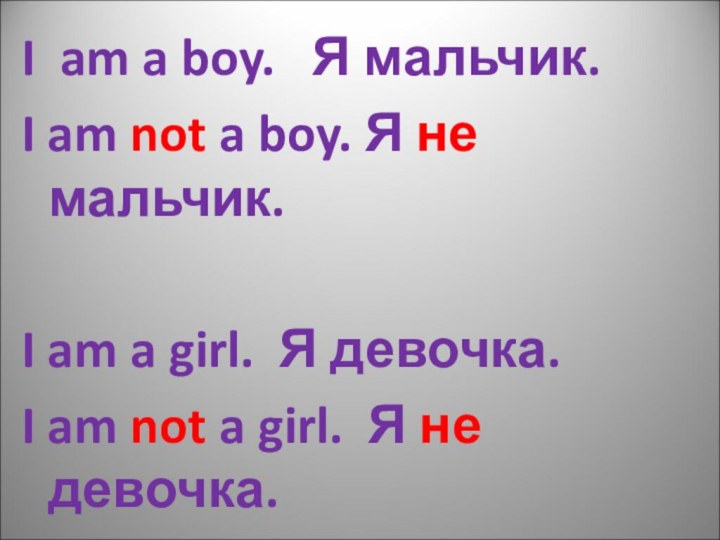I am a boy. Я мальчик. I am not a boy.