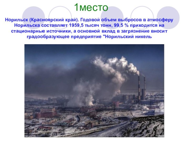 1местоНорильск (Красноярский край). Годовой объем выбросов в атмосферу Норильска составляет 1959,5 тысяч