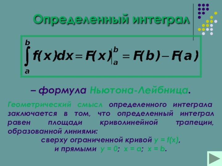 Определенный интеграл– формула Ньютона-Лейбница.Геометрический смысл определенного интеграла заключается в том, что определенный
