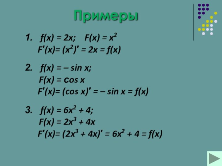 Примерыf(x) = 2x; F(x) = x2  F′(x)= (x2)′ = 2x