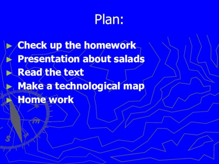 Plan:Check up the homeworkPresentation about saladsRead the textMake a technological mapHome work