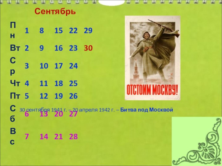 Сентябрь30 сентября 1941 г. – 20 апреля 1942 г. – Битва под Москвой