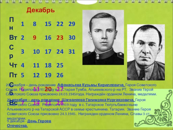 Декабрь20 декабря – день рождение Афанасьева Кузьмы Кирилловича, Героя Советского Союза. Родился