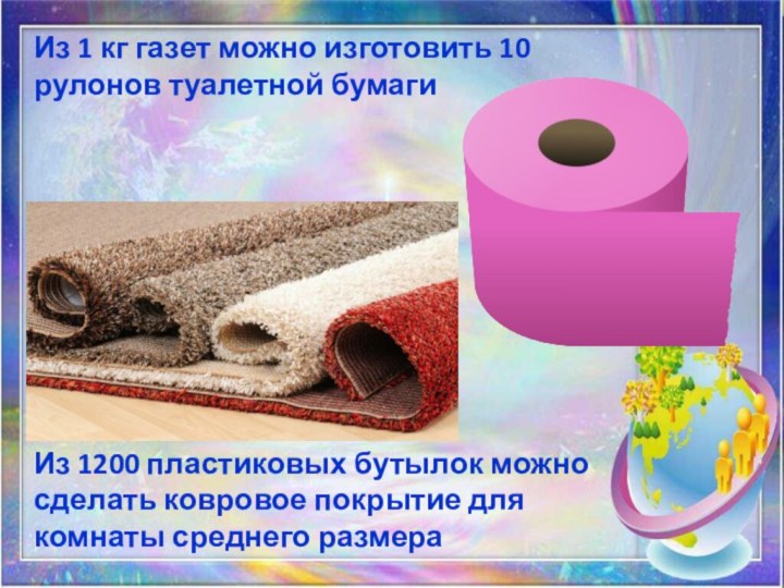 Из 1 кг газет можно изготовить 10 рулонов туалетной бумагиИз 1200 пластиковых