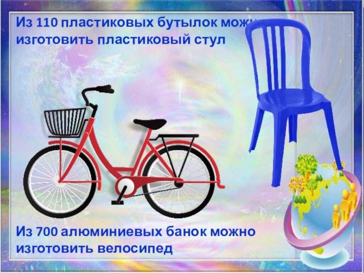 Из 110 пластиковых бутылок можно изготовить пластиковый стулИз 700 алюминиевых банок можно изготовить велосипед
