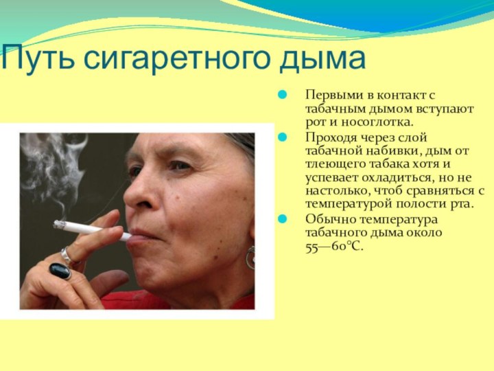 Путь сигаретного дымаПервыми в контакт с табачным дымом вступают рот и носоглотка.