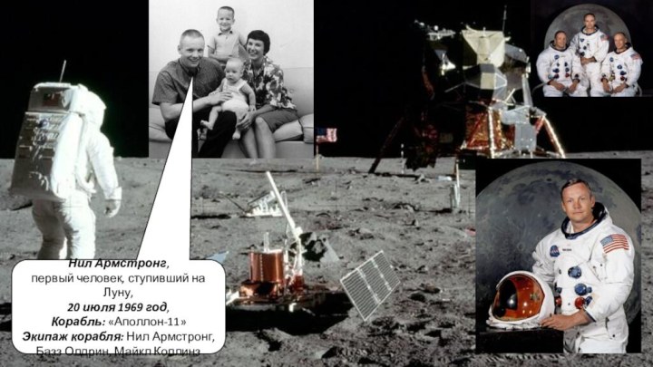Нил Армстронг,первый человек, ступивший на Луну,20 июля 1969 год,Корабль: «Аполлон-11»Экипаж корабля: Нил Армстронг,Базз Олдрин, Майкл Коллинз