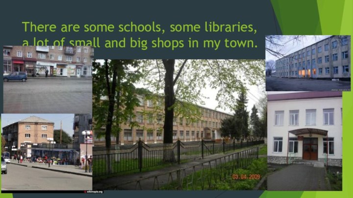 There are some schools, some libraries, a lot of small and big shops in my town.