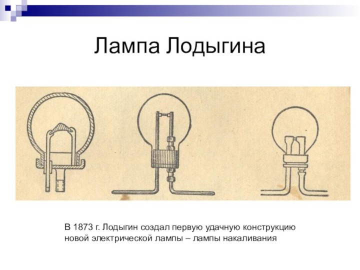 Лампа ЛодыгинаВ 1873 г. Лодыгин создал первую удачную конструкцию новой электрической лампы – лампы накаливания