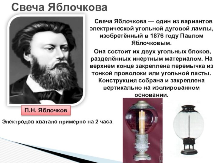 Свеча Яблочкова  Свеча Яблочкова — один из вариантов электрической угольной