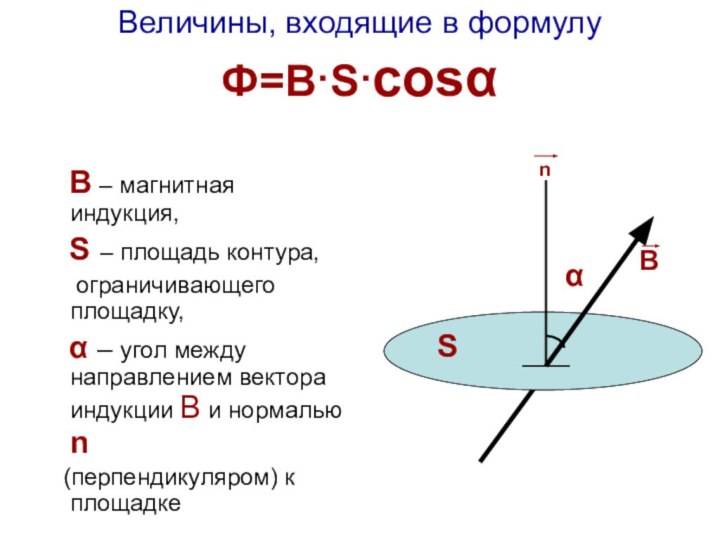 Величины, входящие в формулу  Ф=В·S·cosα