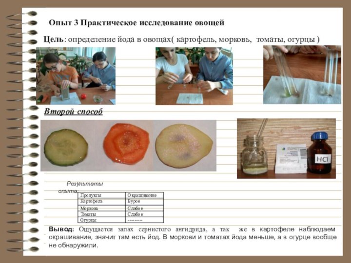 Опыт 3 Практическое исследование овощей Цель: определение йода в овощах( картофель, морковь,