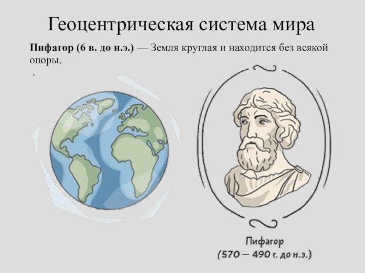 Геоцентрическая система мираПифагор (6 в. до н.э.) — Земля круглая и находится без всякой опоры. .